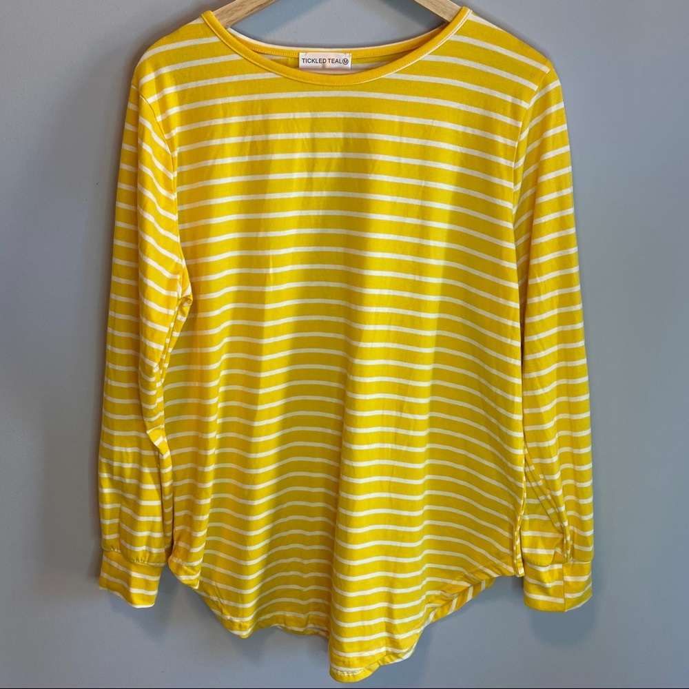 Tickled Teal yellow striped long sleeve Tunic Top